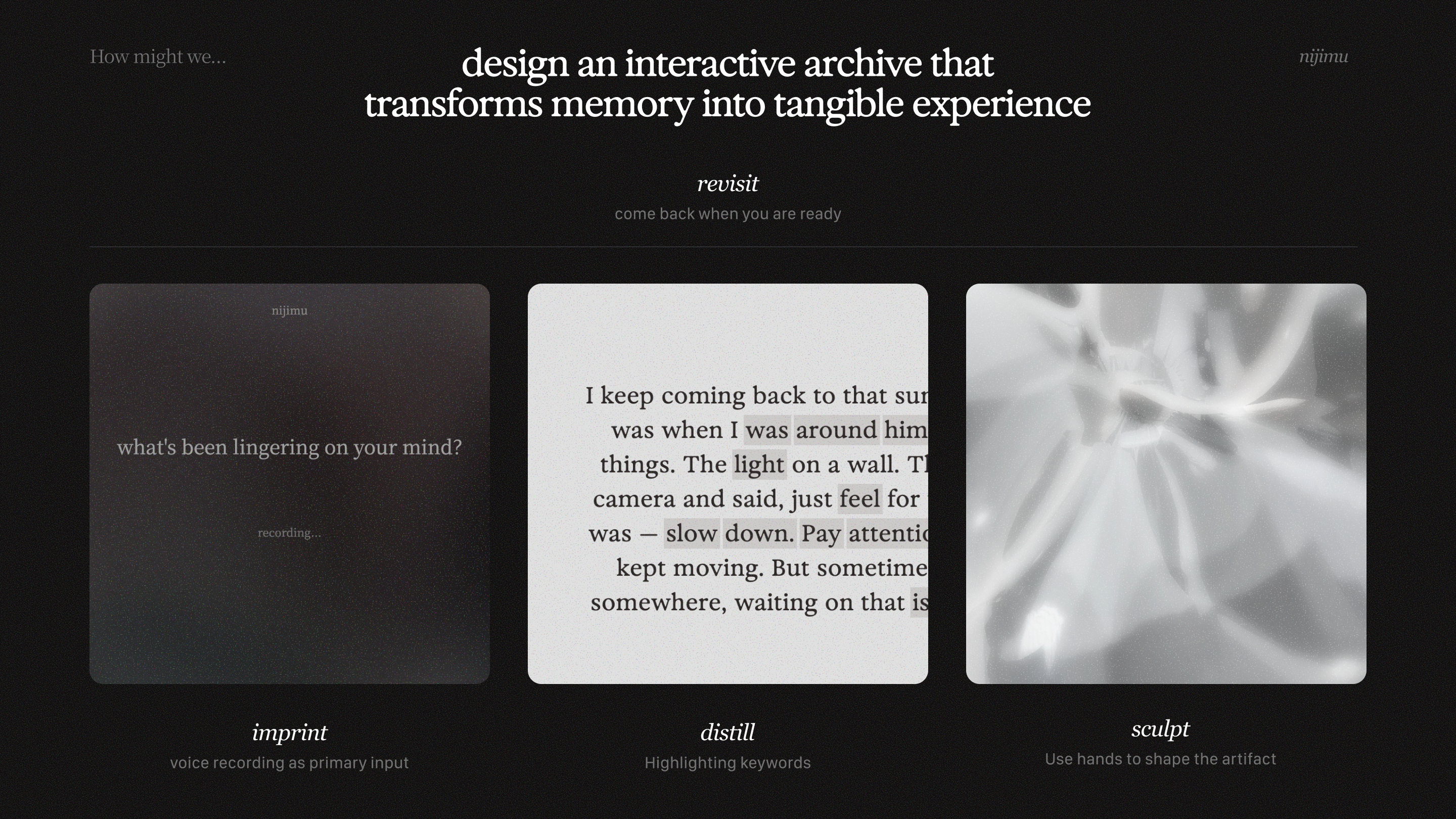 How might we design an interactive archive that transforms memory into tangible experience: imprint, distill, and sculpt